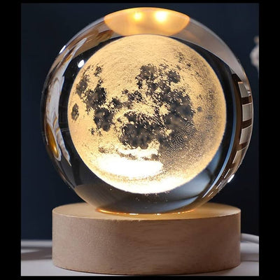 3D Crystal Galaxy Ball Night Lamp with Wooden Base (6cm) - Moon